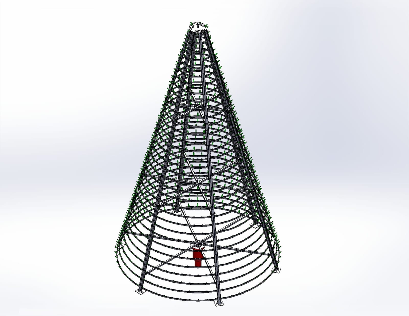 CAD model of a cone-shaped steel Christmas tree frame designed by Guenzo for RarePower