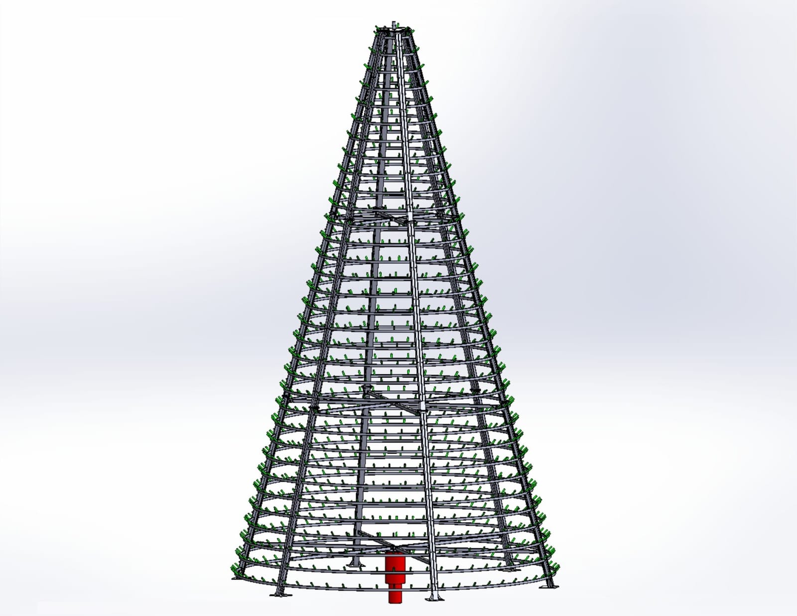 Side view of the cone-shaped steel Christmas tree frame with rings, uprights and attachment points