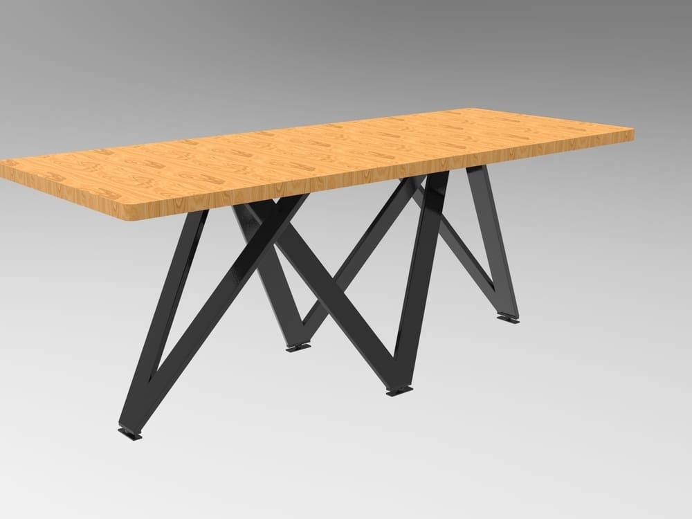 Rendered V-leg table with a wooden top on a black steel V-shaped leg frame