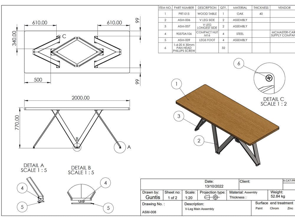 V-leg table assembly drawing with dimensions, details and a parts list