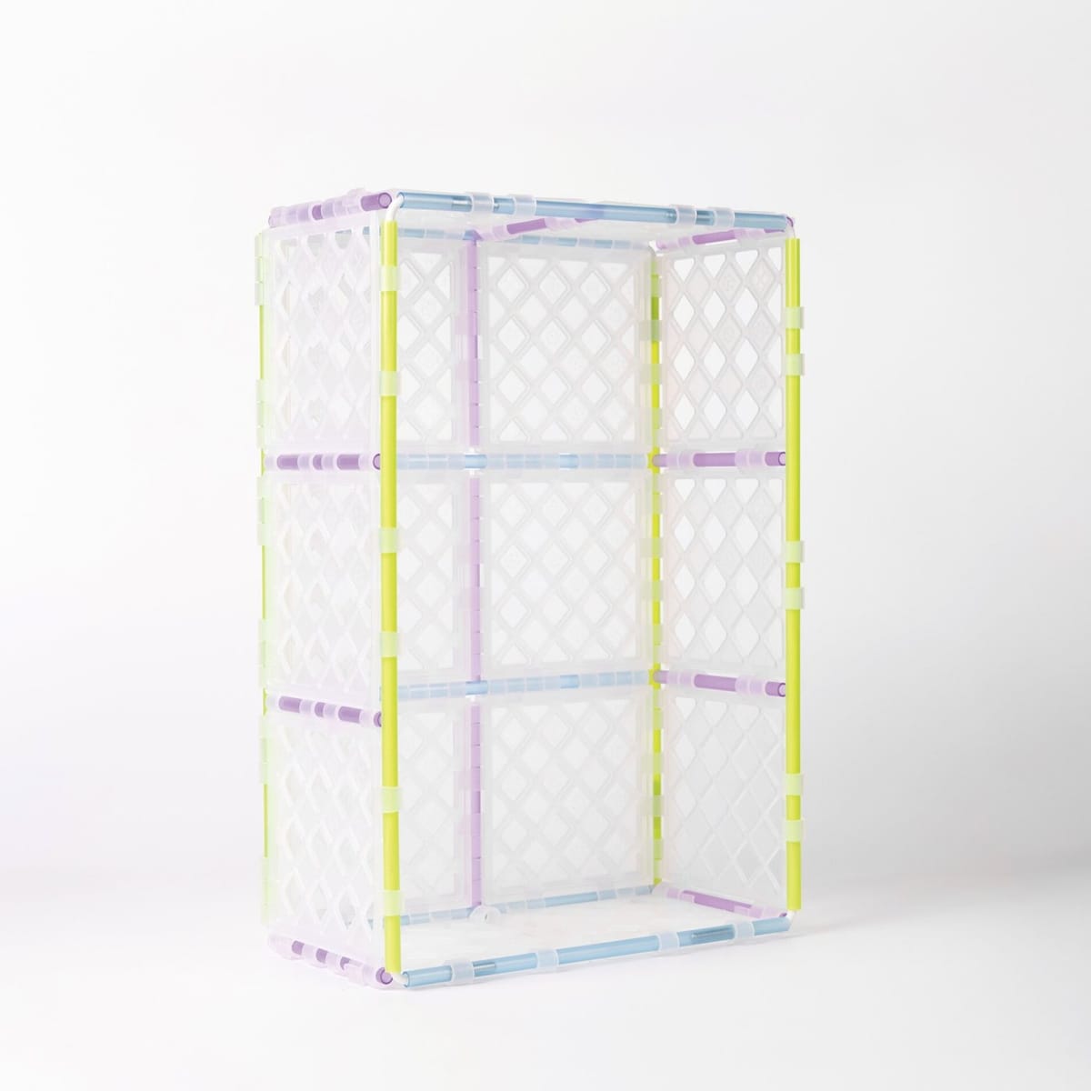 Zerobox panels assembled into a tall open storage unit with coloured connecting rods